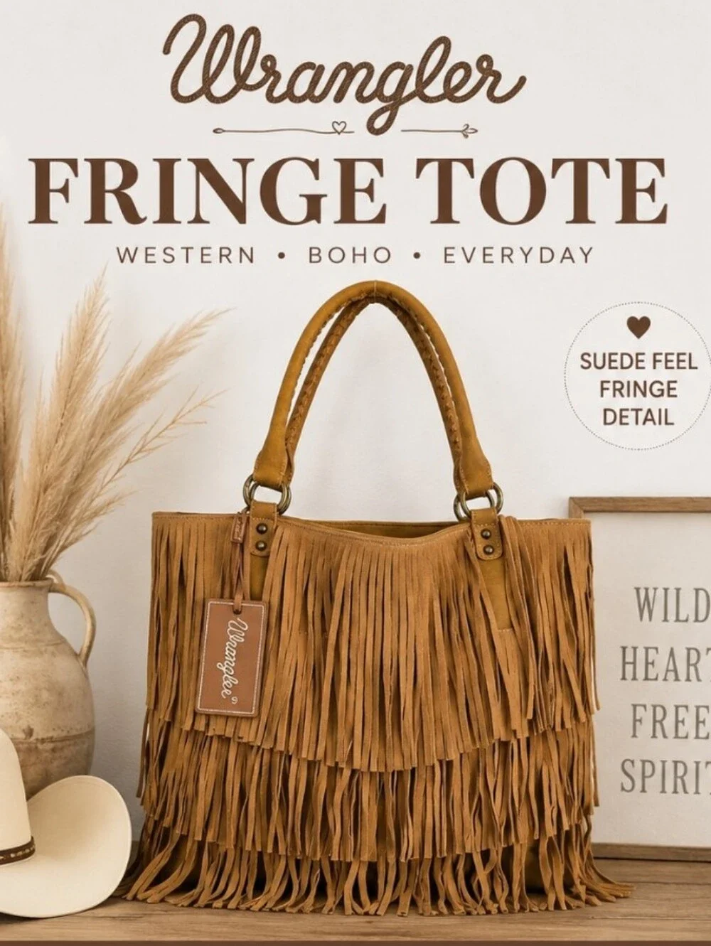 NWT Wrangler Tan Fringe Western Boho Shoulder Tote Bag Whipstitch Purse